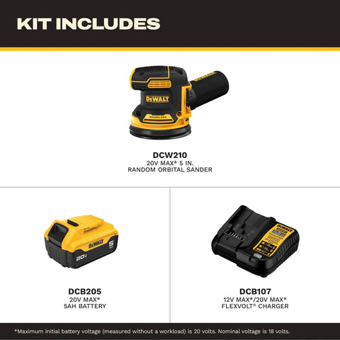 20V Max Brushless Random Orbital Sander Kit with Variable Speed 8,000 to 12,000 OPM; includes sander, 5Ah battery, charger.