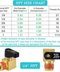 NPT size chart and Heavy Duty Brass 4 Pack Air Compressor Drain Valve Set for 1/4 Inch NPT Ports shown with dimensions