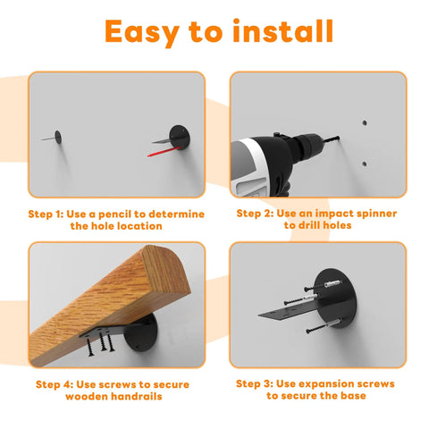 Installation steps for Tough As Nails 2 Feet Wooden Stair Handrail Wall Mount, showing tool usage and handrail mounting.