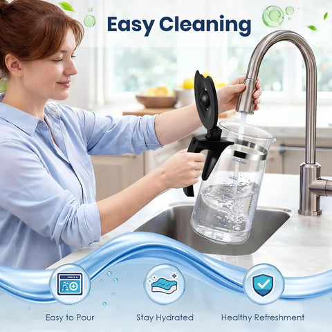 Woman filling Replacement Carafe For ROPOT100 Countertop Water Purifier And Bluevua ROPOT100 RO UV Systems 1700mL Borosilicate Glass Water Jar