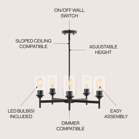 Oil Rubbed Bronze 24 Inch Five Light Iron Chandelier With Cylinder Glass Pendants For Kitchen Island And Dining Room, LED bulbs included.