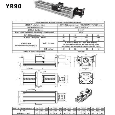 Heavy Duty Xyz Slide Table Linear Actuator with ball screw, 0.03mm precision, 100kg load capacity, dimensions and specifications.
