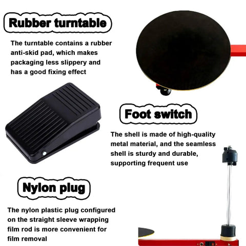 Electric Stretch Film Wrapping Machine Wrap Around Film Balers 15 7 Inch Turntable showing rubber turntable, foot switch, and nylon plug.