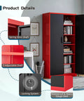 Inside view of tall metal storage cabinet with locking doors, highlighting 5 adjustable shelves and durable heavy gauge steel.