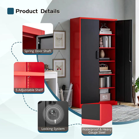Inside view of tall metal storage cabinet with locking doors, highlighting 5 adjustable shelves and durable heavy gauge steel.