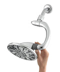 SideWinder Adjustable Rain Shower Head With 6 Spray Modes and High Pressure PowerPulse Massage, Chrome Finish, 7 Inch Wide Rain Shower Head With Auto Lock Arm for Easy Height and Angle Adjustment being adjusted by hand