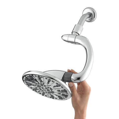 SideWinder Adjustable Rain Shower Head With 6 Spray Modes and High Pressure PowerPulse Massage, Chrome Finish, 7 Inch Wide Rain Shower Head With Auto Lock Arm for Easy Height and Angle Adjustment being adjusted by hand