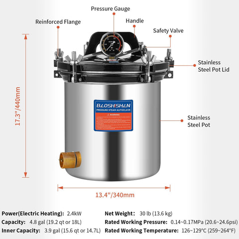 BAOSHISHAN 18L stainless steel steam autoclave with pressure gauge (front view)