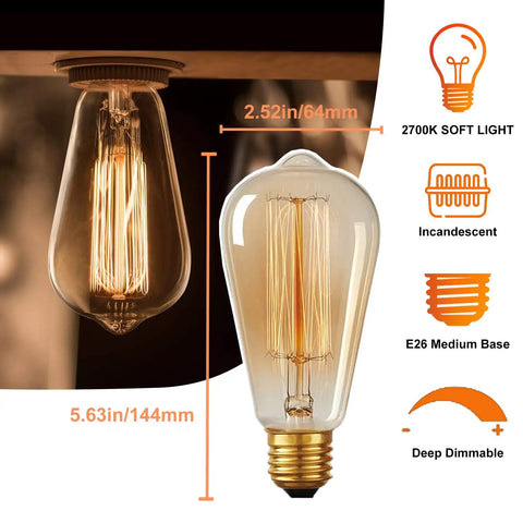 Six Pack Vintage Edison Bulbs ST64 40W E26 Base Amber Glass Warm White Filament Dimmable Living Room Pendant Or Chandelier Lighting 3000 Hour Life For Warm Ambiance And Cozy Vibe, bulb dimensions and features highlighted