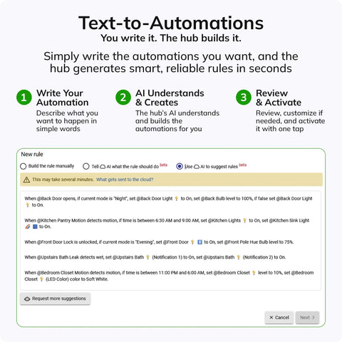 Text-to-Automations feature overview showing a local control hub creating smart automation rules for devices.