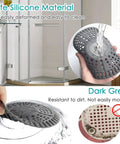Heavy Duty 5.5 Inch Shower Drain Hair Catcher 2 Pack Premium Strainer in dark grey silicone with water flow demonstration.