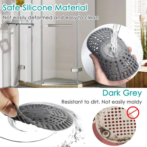 Heavy Duty 5.5 Inch Shower Drain Hair Catcher 2 Pack Premium Strainer in dark grey silicone with water flow demonstration.