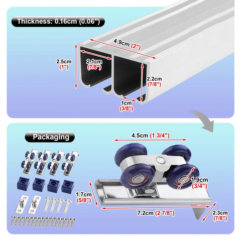 Double Closet Door Track Hardware Kit For Quiet Sliding Adjustable 20 To 158 Inch Aluminum Barn Door System In Champagne Finish with detailed dimensions and packaging contents.