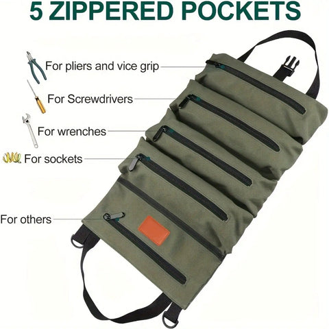 Five Pocket Tool Roll Organizer Pouch With Zipper Pockets And Adjustable Buckle Closure For Hardware And Workshop Accessories