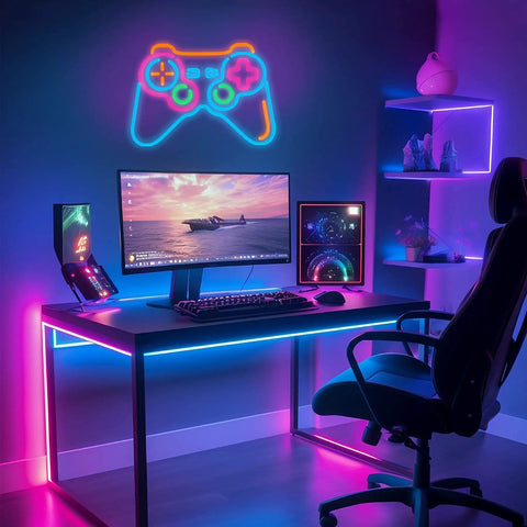 Lit Blue Gamepad Neon Sign For Gaming Room Decor above desk setup with bright LED lights in modern gaming room