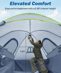 Interior of 8-Foot Pickup Truck Bed Tent For Two, showing 5.6 ft interior height with person holding lantern, PU2000mm waterproof shelter