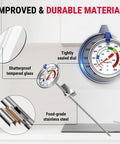 Candy Thermometer With Pot Clip, 9-Inch Long Probe, featuring durable materials, food-grade stainless steel, and shatterproof glass.