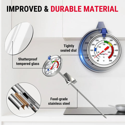 Candy Thermometer With Pot Clip, 9-Inch Long Probe, featuring durable materials, food-grade stainless steel, and shatterproof glass.