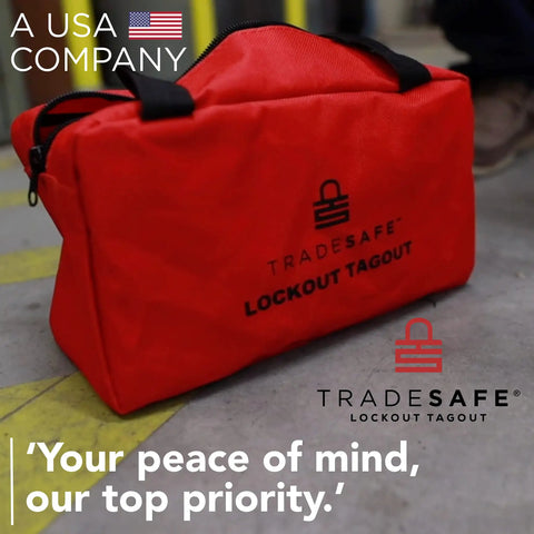 Heavy Duty Lockout Tagout Bag for LOTO Devices, red polyester canvas, industrial grade, with strong handles, on worksite floor.