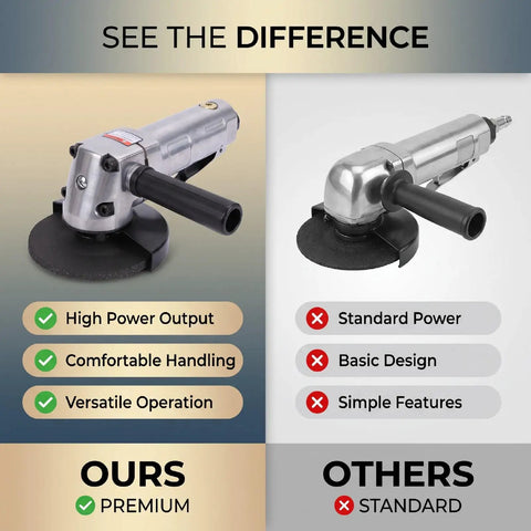 Comparison of Heavy Duty Pneumatic Angle Grinder Four Inch on left with high power output vs standard grinder on right.