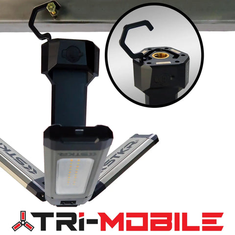 Tri Mobile 2000 Lumen Area Work Light With Tripod Mount Three Panel LED Flood Light close-up with magnetic hang hook.