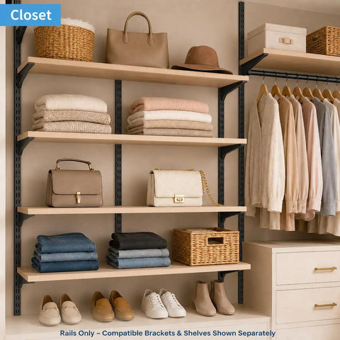 Ten Pack 5 Inch Adjustable Wire Shelf Brackets For Beefy Heavy Duty Closet And Wall Shelving System shown in closet setup