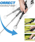 5 In 1 Retractable Golf Swing Trainer For Right Or Left Handed Players With Arm Band Included, shown correcting grip.