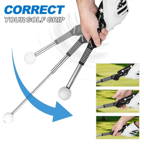 5 In 1 Retractable Golf Swing Trainer For Right Or Left Handed Players With Arm Band Included, shown correcting grip.