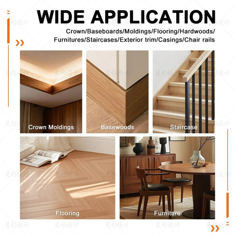 Wide application of crown moldings, basewoods, staircase, flooring, and furniture showcasing design versatility.