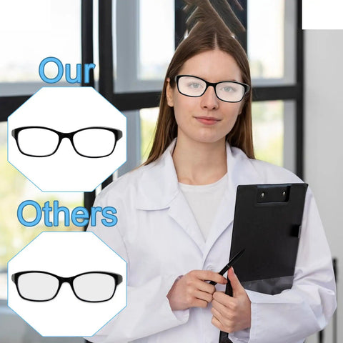 Woman wearing Three Pack Anti Fog Safety Glasses For Lab And Everyday Use With Scratch Resistant Lenses And Extended Side Shields.