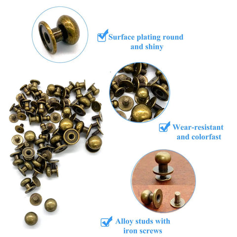 Top Shelf Bronze Button Stud Screws Kit Packs 36 Heavy Duty Rivets In Four Exact Sizes For Tough Leather Work And Badass Diy Builds Giving You A Slick Rust Proof Zinc Finish; close-up of bronze studs with shiny surface and iron screws.