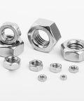 Metric Hex Nut Set, 145-Piece Assortment Kit With 7 Sizes M3 M4 M5 M6 M8 M10 M12, 304 Stainless Steel Nuts displayed in various sizes.