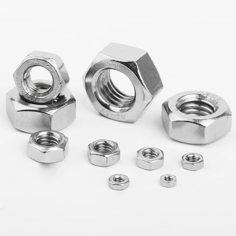 Metric Hex Nut Set, 145-Piece Assortment Kit With 7 Sizes M3 M4 M5 M6 M8 M10 M12, 304 Stainless Steel Nuts displayed in various sizes.
