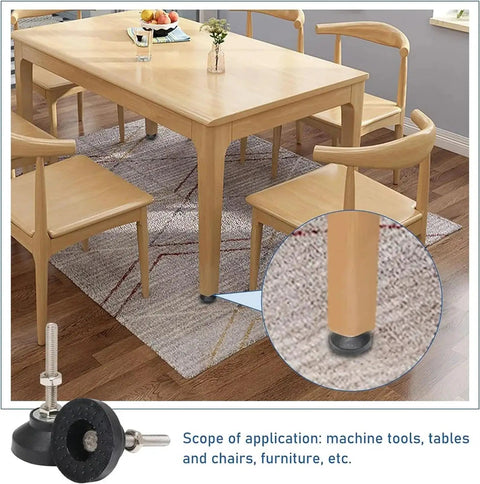 Adjustable Leveling Feet With Swivel Base For Stable Furniture And Machinery Black Nylon And Metal Construction Thread Sizes M8 M10 M12 Sets Of 4 6 Or 10 Easy No Tool Install Anti Wobble Support on a dining table leg