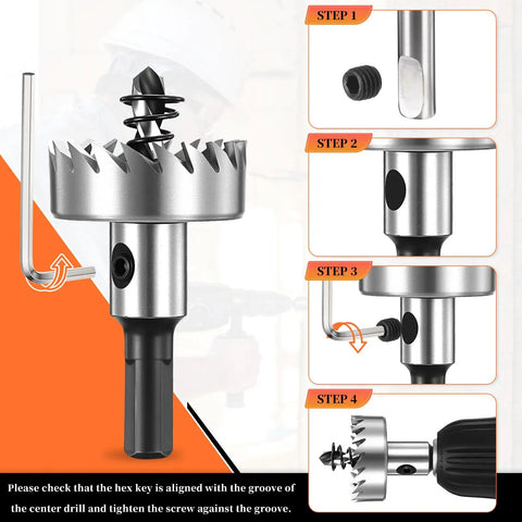 15mm Hole Saw Cutter Kit with 4241 High Speed Steel Blade, hex key insertion step illustrated