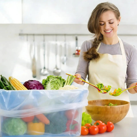 Woman using Clear Poly Meat Lug Liners Set, 25 Count, 21x22 Inch, 2.5 Mil Food Grade Tub Liners in kitchen with vegetables