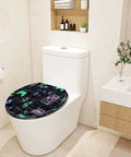 Toilet Seat with Lid, Bathroom in a modern restroom, featuring a colorful abstract design on a round seat.