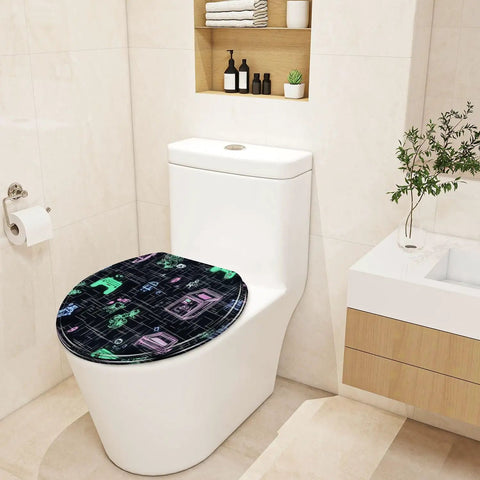 Toilet Seat with Lid, Bathroom in a modern restroom, featuring a colorful abstract design on a round seat.