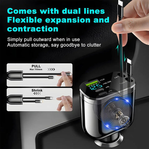 Retractable Four In One Car Charger With Built Dual USBC Cables Durable PC Housing Built Tough For Rough Drives showcasing dual retractable lines.