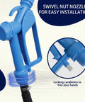 Heavy Duty Electric Drum Pump Fits 55 Gallon Barrels Plug And Play AC DC Dual Power with blue swivel nut nozzle and locking carabiners.