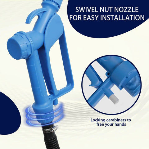 Heavy Duty Electric Drum Pump Fits 55 Gallon Barrels Plug And Play AC DC Dual Power with blue swivel nut nozzle and locking carabiners.