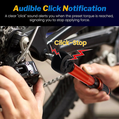 Using the Bike Torque Wrench Set One Quarter Inch Drive With 72-Tooth Dual Direction Click Mechanism 1-25 Nm on a bike chainring.