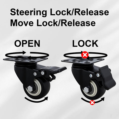 Heavy Hitter 2 Inch Polyurethane Swivel Casters 8 Pack With Dual Locking Brakes showing steering and move lock features.