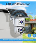 For Real 4K Dual Lens Outdoor Security Camera With Hassle Free Solar Charging And Clean 360 Pan Tilt Zoom Wifi Wireless Surveillance System For Yard Watch mounted on wall with solar panel.