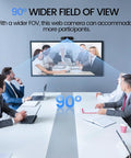 Plug And Play 1080P HD Webcam Packs Dual Noise Killing Mics And Wide Angle Lens With Privacy Sliding Cover in a meeting room.