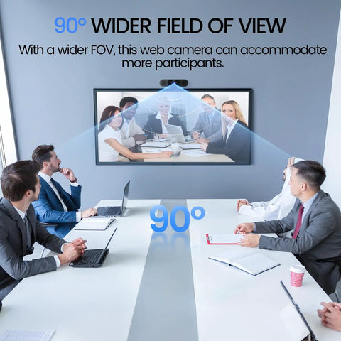 Plug And Play 1080P HD Webcam Packs Dual Noise Killing Mics And Wide Angle Lens With Privacy Sliding Cover in a meeting room.