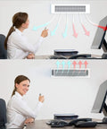 Office setting with woman using adjustable magnetic heat and air deflector for vents and registers, extends from 10 to 16 inches.