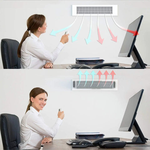 Office setting with woman using adjustable magnetic heat and air deflector for vents and registers, extends from 10 to 16 inches.