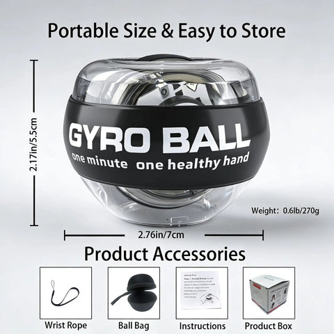 Grip Strength Gyro Ball Exerciser With LED Lights No Batteries Needed Portable Carry Bag For Wrist Forearm Strengthening And Hand Training Torque Ball For Fingers Grip Muscles And Arm Workout, 2.76in/7cm wide