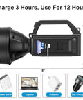 Side view of Beast Mode Brightness Rechargeable Spotlight Flashlight with USB output, showing size and compatible devices.